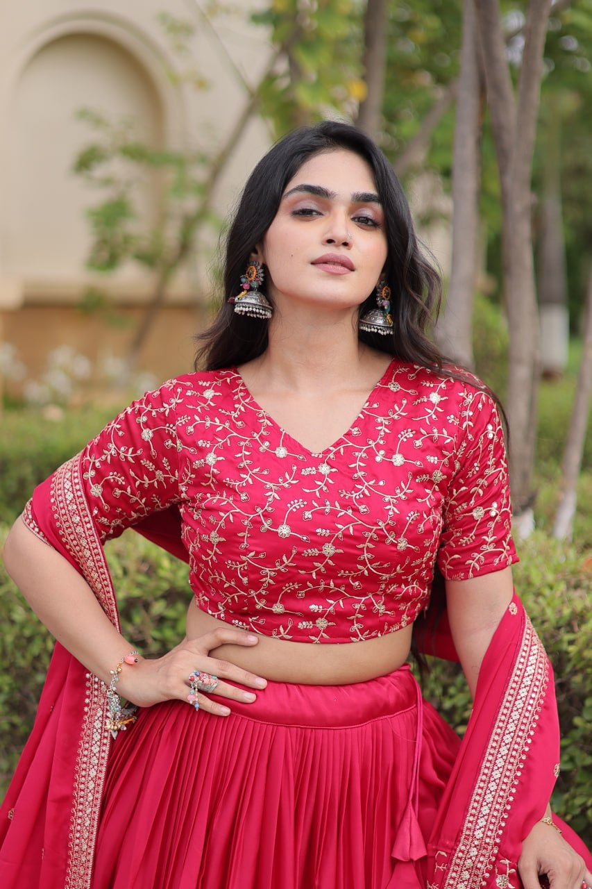 Red Pure Glory Satin Embroidery Zari Sequins Work Navratri Lehenga Choli