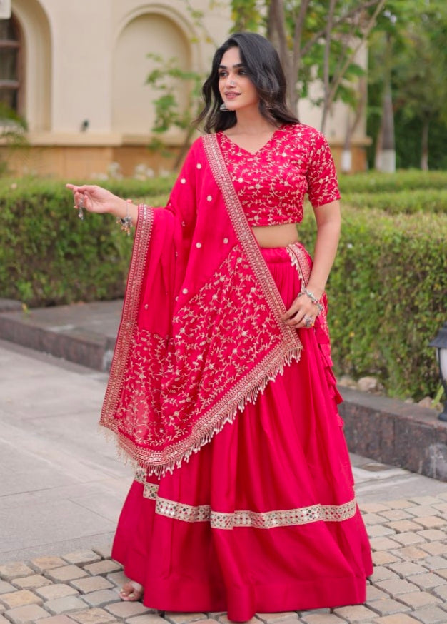 Red Pure Glory Satin Embroidery Zari Sequins Work Navratri Lehenga Choli