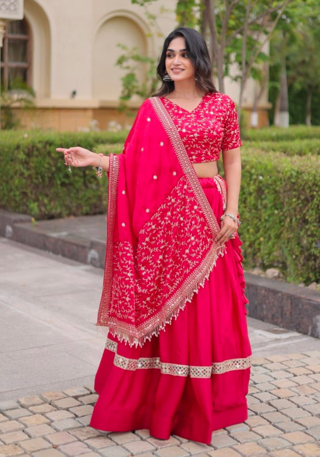 Red Pure Glory Satin Embroidery Zari Sequins Work Navratri Lehenga Choli