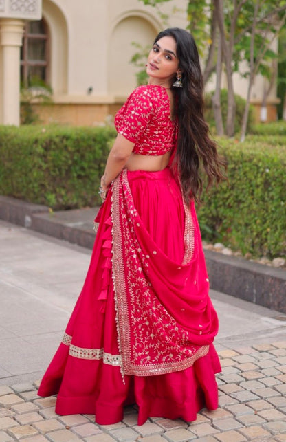 Red Pure Glory Satin Embroidery Zari Sequins Work Navratri Lehenga Choli
