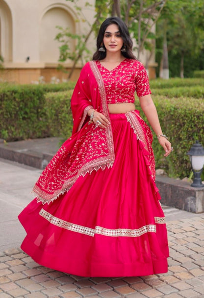 Red Pure Glory Satin Embroidery Zari Sequins Work Navratri Lehenga Choli