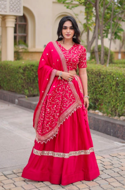 Red Pure Glory Satin Embroidery Zari Sequins Work Navratri Lehenga Choli