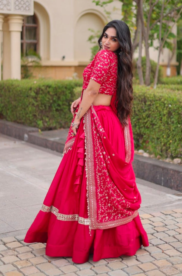 Red Pure Glory Satin Embroidery Zari Sequins Work Navratri Lehenga Choli