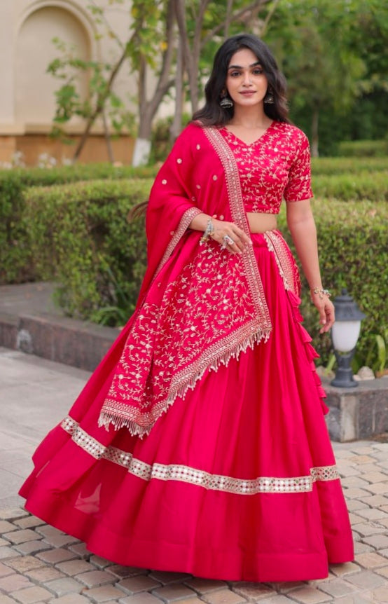 Red Pure Glory Satin Embroidery Zari Sequins Work Navratri Lehenga Choli