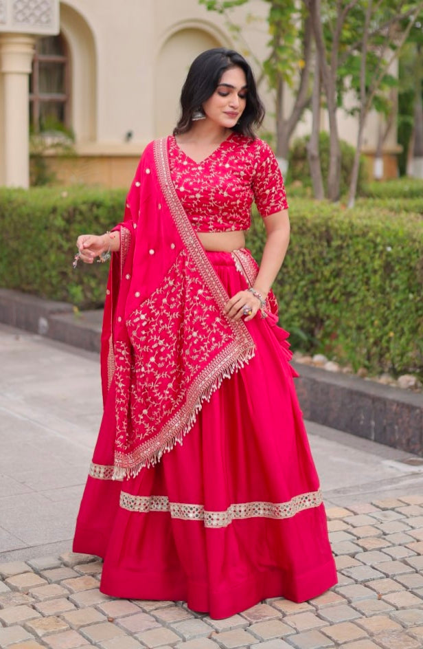 Red Pure Glory Satin Embroidery Zari Sequins Work Navratri Lehenga Choli