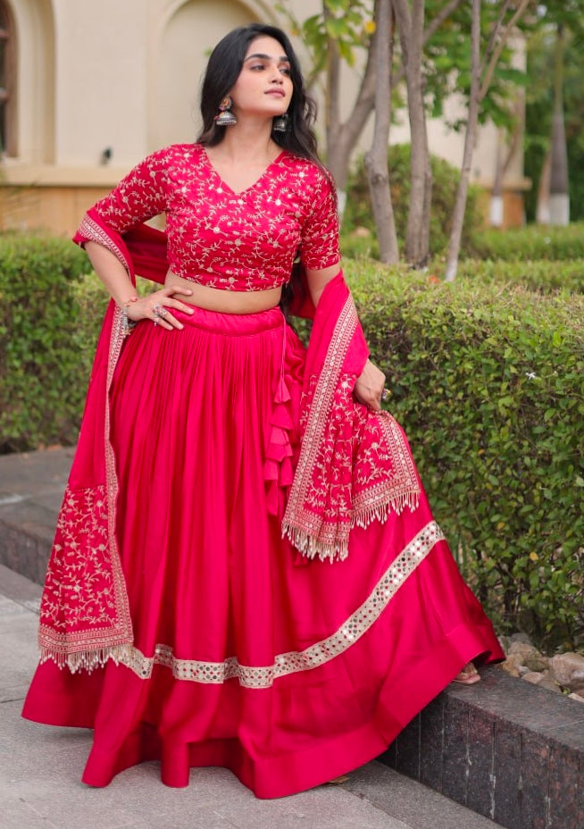 Red Pure Glory Satin Embroidery Zari Sequins Work Navratri Lehenga Choli