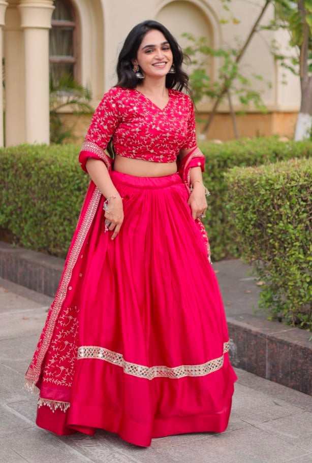 Red Pure Glory Satin Embroidery Zari Sequins Work Navratri Lehenga Choli