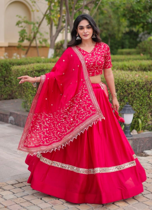Red Pure Glory Satin Embroidery Zari Sequins Work Navratri Lehenga Choli