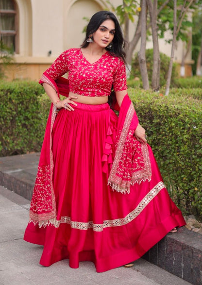 Red Pure Glory Satin Embroidery Zari Sequins Work Navratri Lehenga Choli
