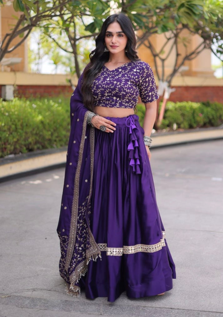 Purple Pure Glory Satin Embroidery Zari Sequins Work Navratri Lehenga Choli