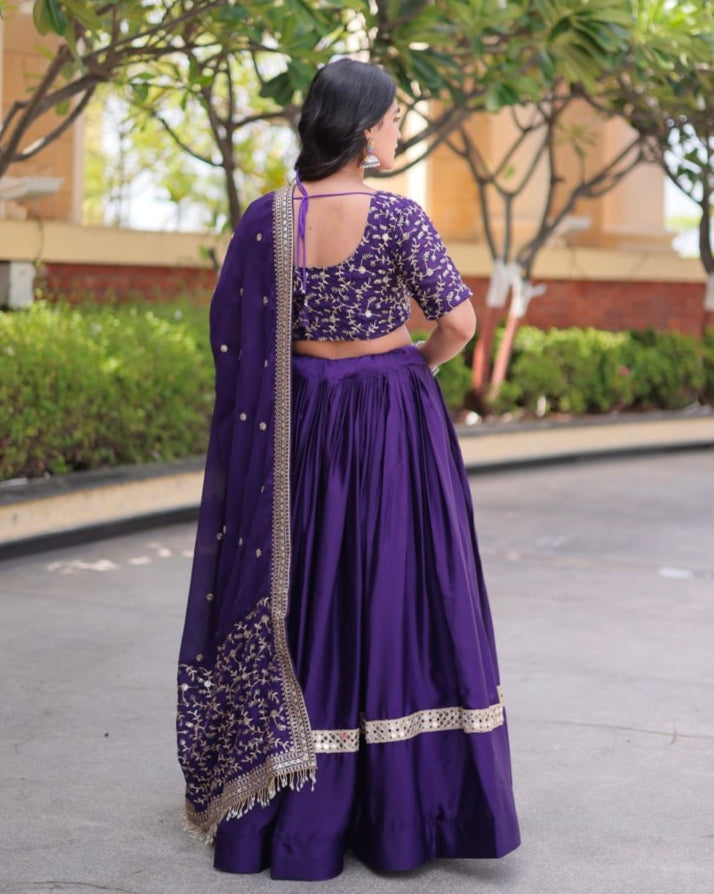 Purple Pure Glory Satin Embroidery Zari Sequins Work Navratri Lehenga Choli
