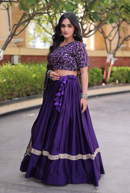 Purple Pure Glory Satin Embroidery Zari Sequins Work Navratri Lehenga Choli