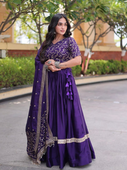 Purple Pure Glory Satin Embroidery Zari Sequins Work Navratri Lehenga Choli