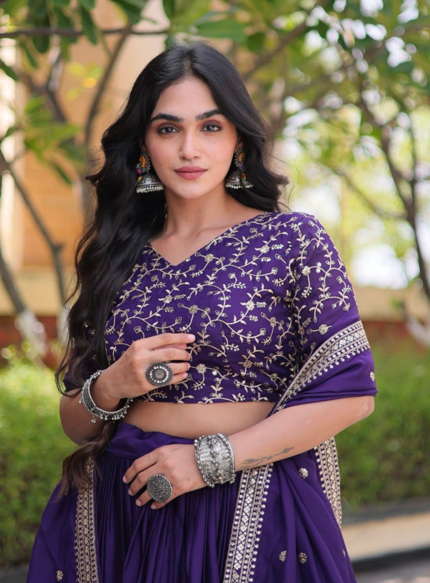 Purple Pure Glory Satin Embroidery Zari Sequins Work Navratri Lehenga Choli