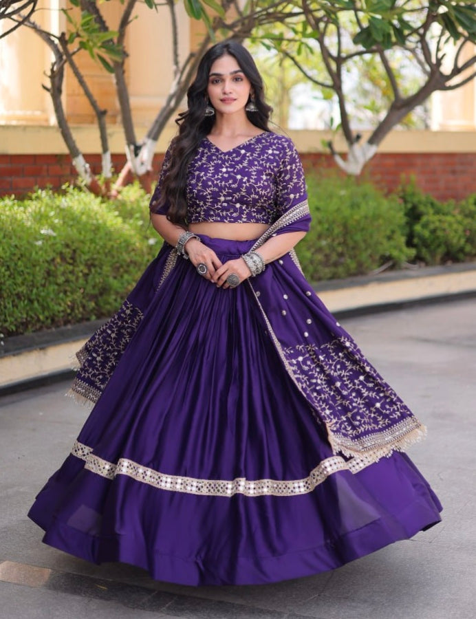 Purple Pure Glory Satin Embroidery Zari Sequins Work Navratri Lehenga Choli