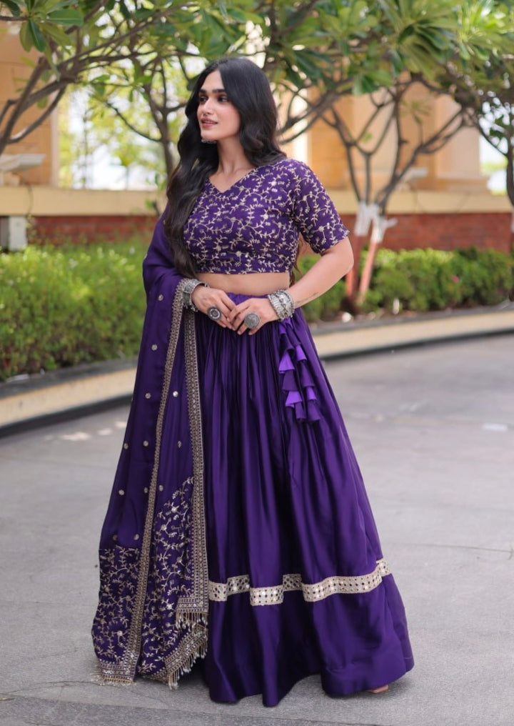 Purple Pure Glory Satin Embroidery Zari Sequins Work Navratri Lehenga Choli