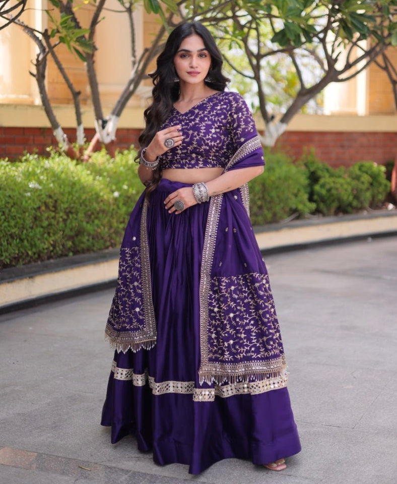 Purple Pure Glory Satin Embroidery Zari Sequins Work Navratri Lehenga Choli