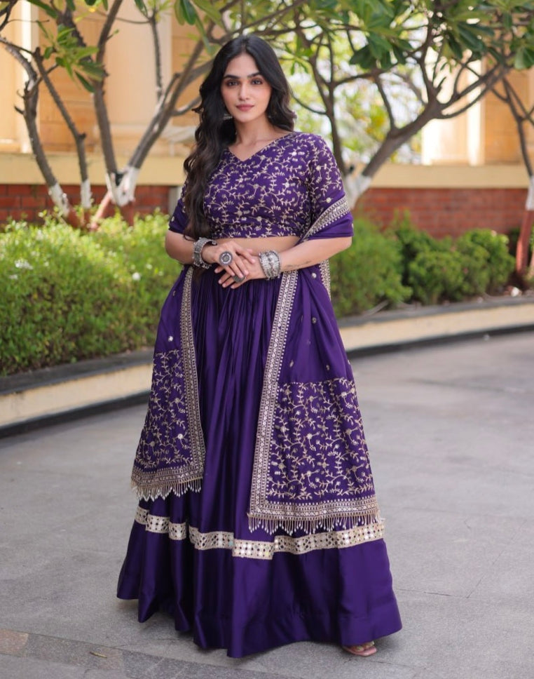 Purple Pure Glory Satin Embroidery Zari Sequins Work Navratri Lehenga Choli