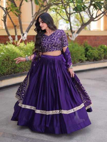Purple Pure Glory Satin Embroidery Zari Sequins Work Navratri Lehenga Choli