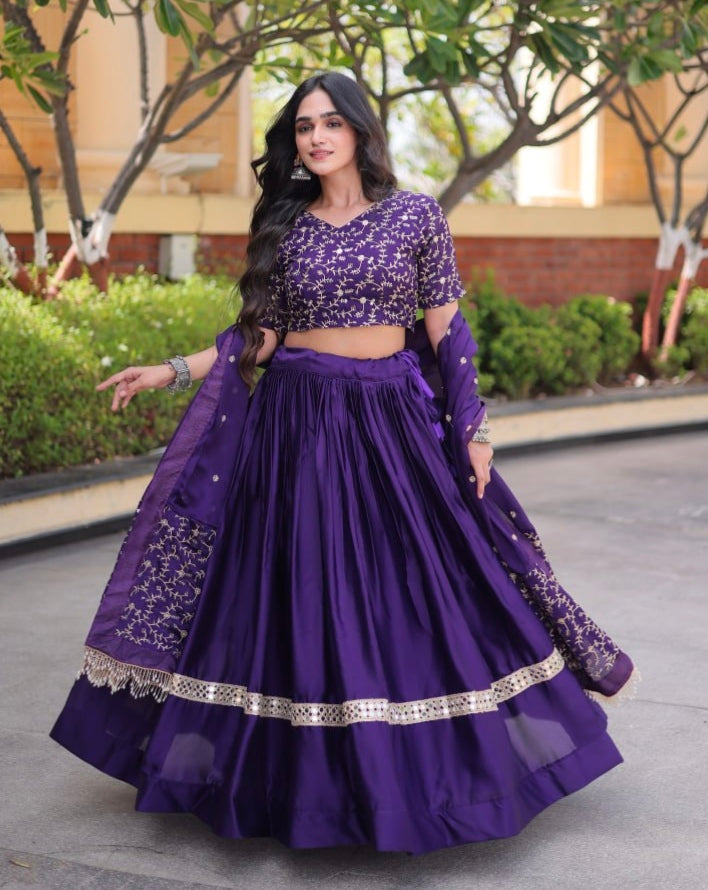 Purple Pure Glory Satin Embroidery Zari Sequins Work Navratri Lehenga Choli