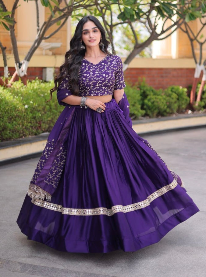 Purple Pure Glory Satin Embroidery Zari Sequins Work Navratri Lehenga Choli