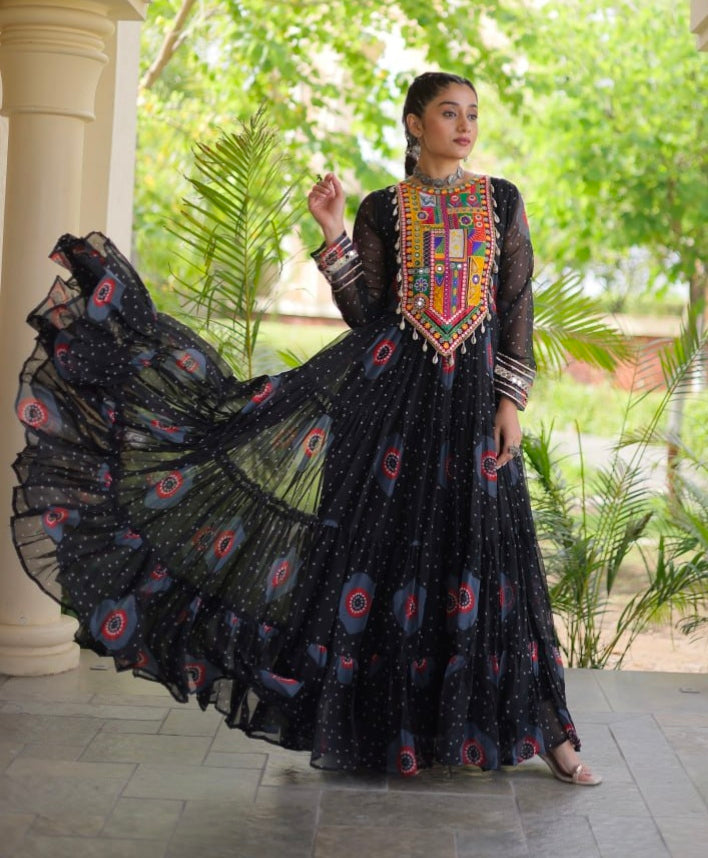 Black Pure Faux Georgette Bandhani Print Kutchi Patchwork Anarkali Long Gown