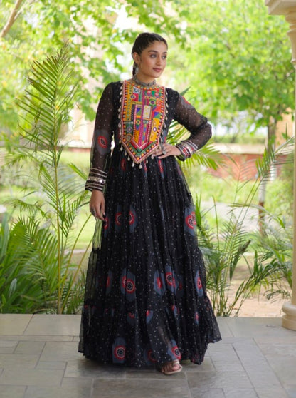 Black Pure Faux Georgette Bandhani Print Kutchi Patchwork Anarkali Long Gown
