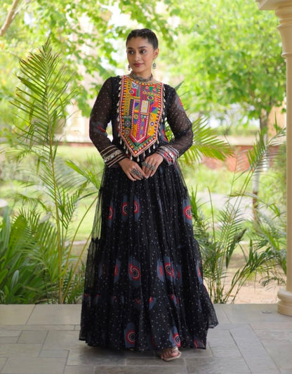 Black Pure Faux Georgette Bandhani Print Kutchi Patchwork Anarkali Long Gown