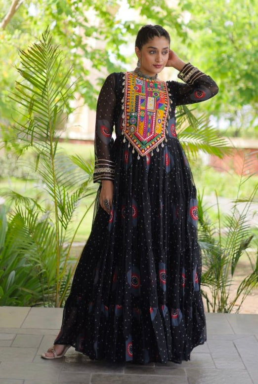 Black Pure Faux Georgette Bandhani Print Kutchi Patchwork Anarkali Long Gown