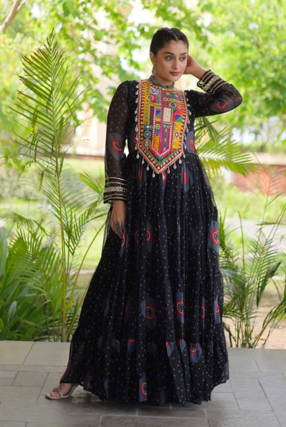 Black Pure Faux Georgette Bandhani Print Kutchi Patchwork Anarkali Long Gown