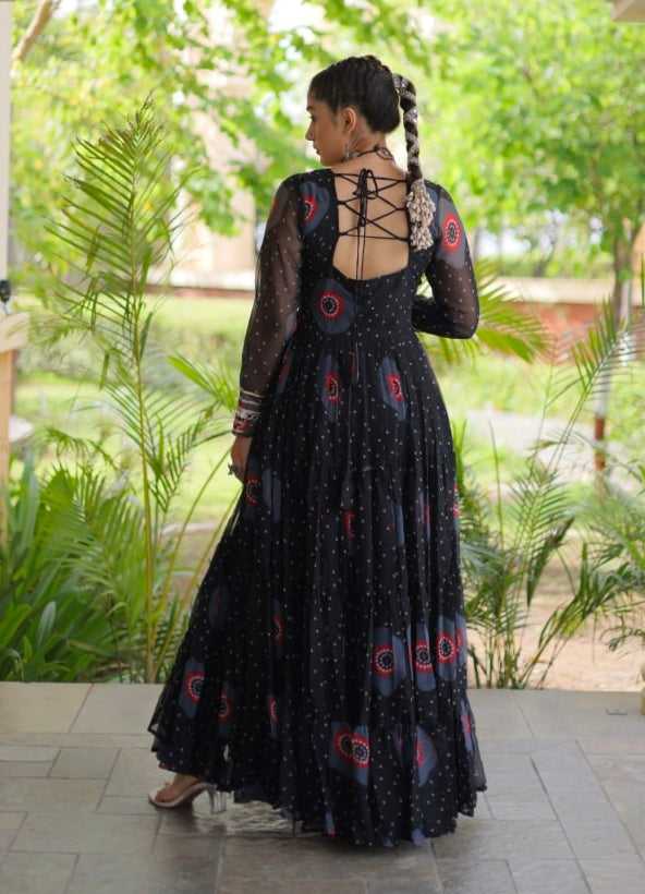 Black Pure Faux Georgette Bandhani Print Kutchi Patchwork Anarkali Long Gown