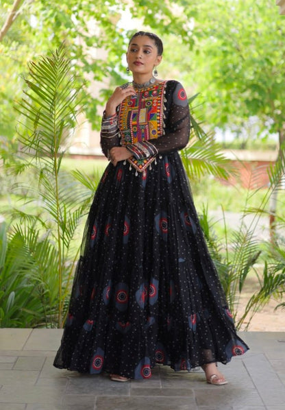 Black Pure Faux Georgette Bandhani Print Kutchi Patchwork Anarkali Long Gown