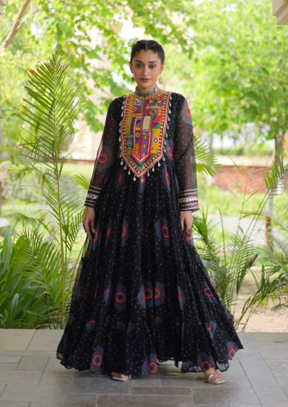 Black Pure Faux Georgette Bandhani Print Kutchi Patchwork Anarkali Long Gown