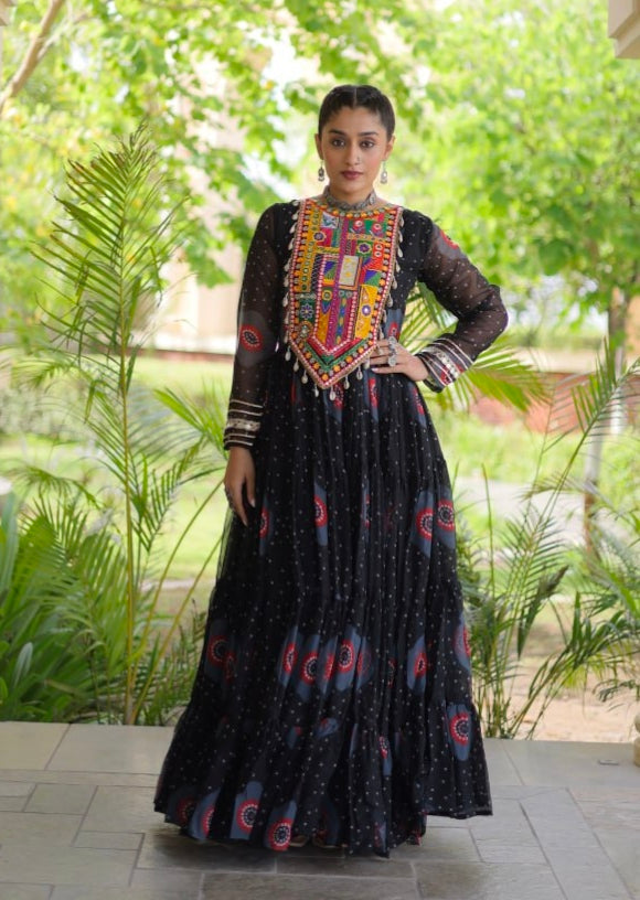 Black Pure Faux Georgette Bandhani Print Kutchi Patchwork Anarkali Long Gown