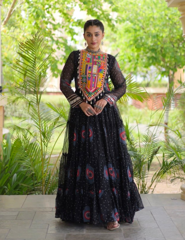 Black Pure Faux Georgette Bandhani Print Kutchi Patchwork Anarkali Long Gown
