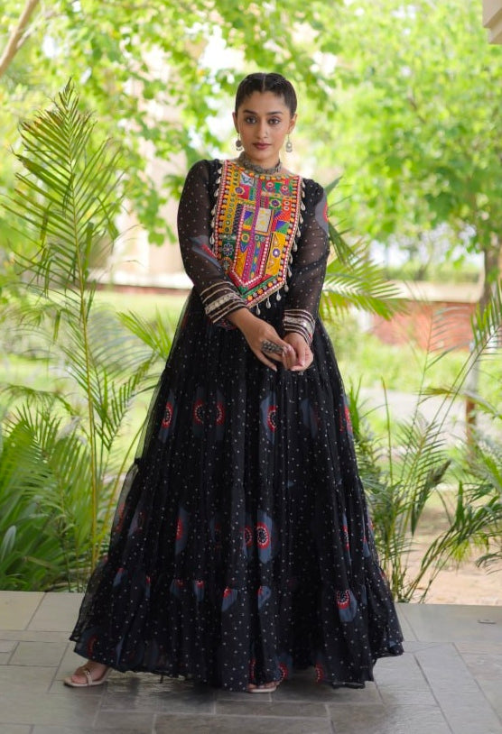 Black Pure Faux Georgette Bandhani Print Kutchi Patchwork Anarkali Long Gown