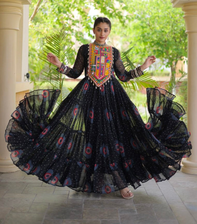 Black Pure Faux Georgette Bandhani Print Kutchi Patchwork Anarkali Long Gown