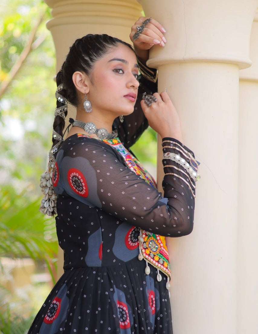 Black Pure Faux Georgette Bandhani Print Kutchi Patchwork Anarkali Long Gown