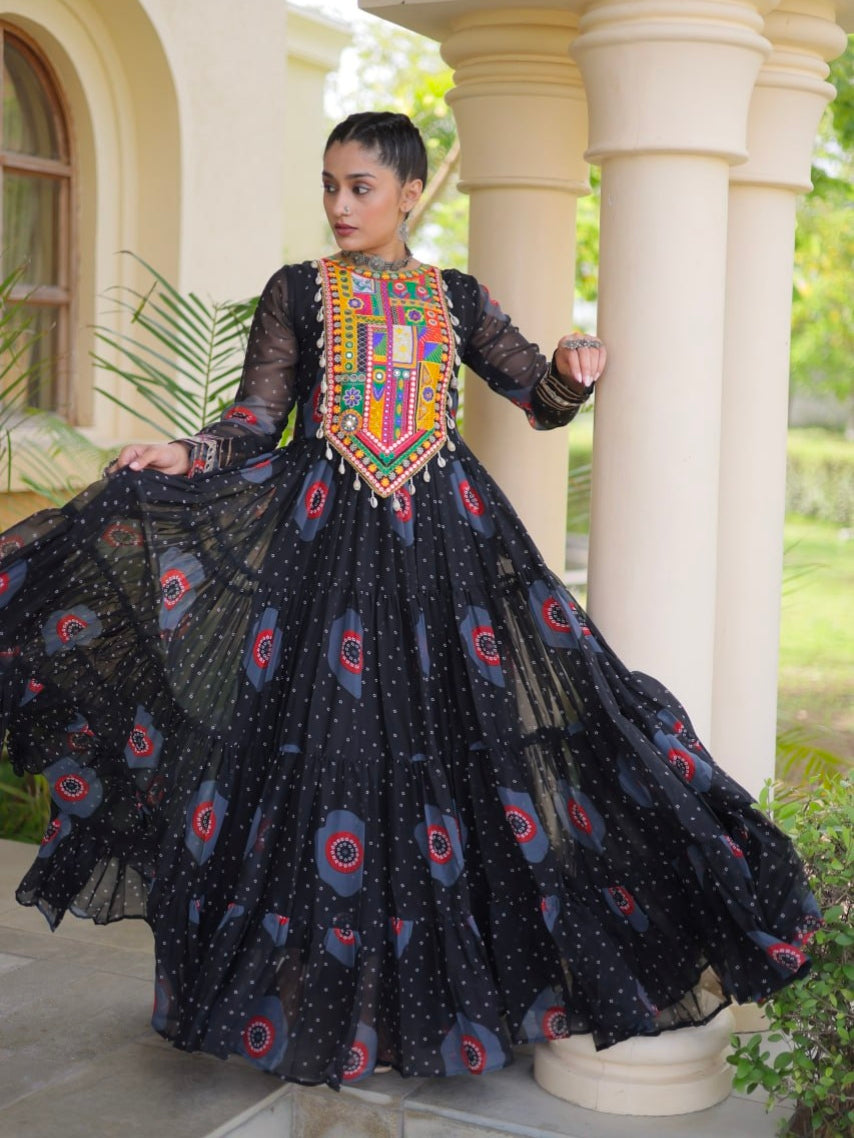Black Pure Faux Georgette Bandhani Print Kutchi Patchwork Anarkali Long Gown