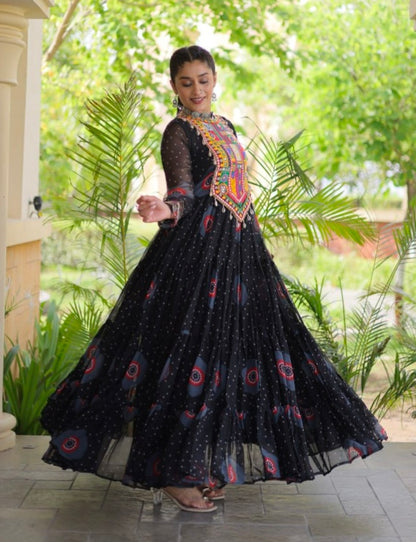 Black Pure Faux Georgette Bandhani Print Kutchi Patchwork Anarkali Long Gown