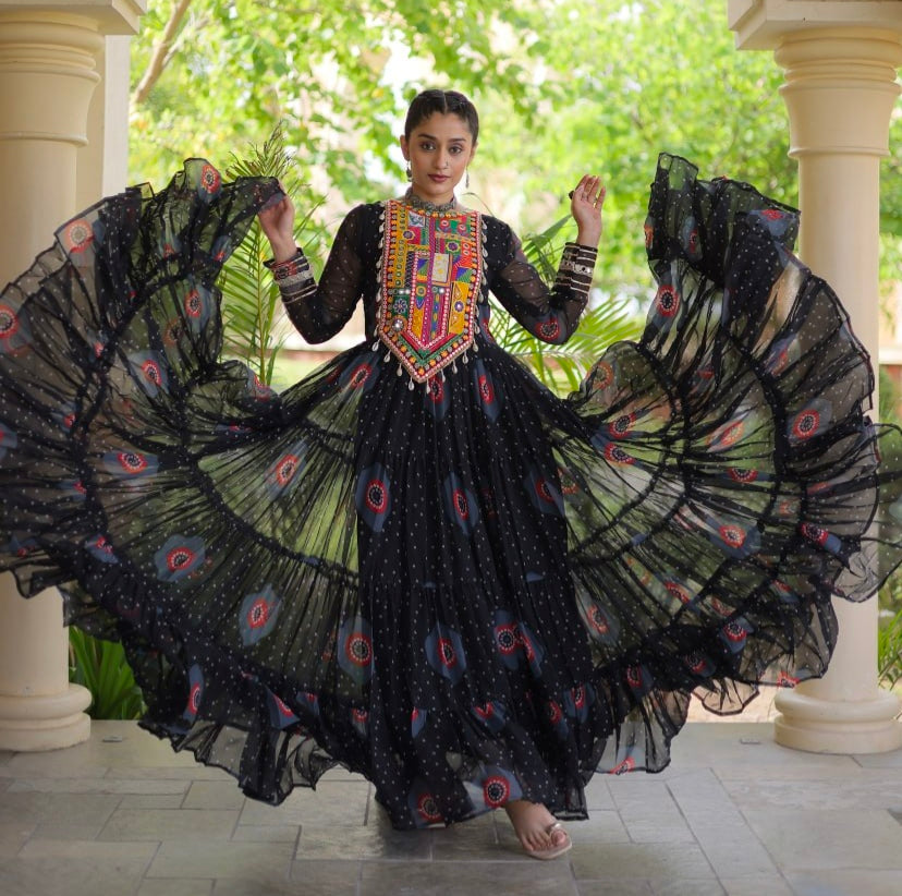 Black Pure Faux Georgette Bandhani Print Kutchi Patchwork Anarkali Long Gown