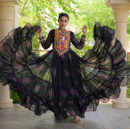 Black Pure Faux Georgette Bandhani Print Kutchi Patchwork Anarkali Long Gown
