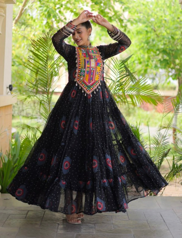 Black Pure Faux Georgette Bandhani Print Kutchi Patchwork Anarkali Long Gown