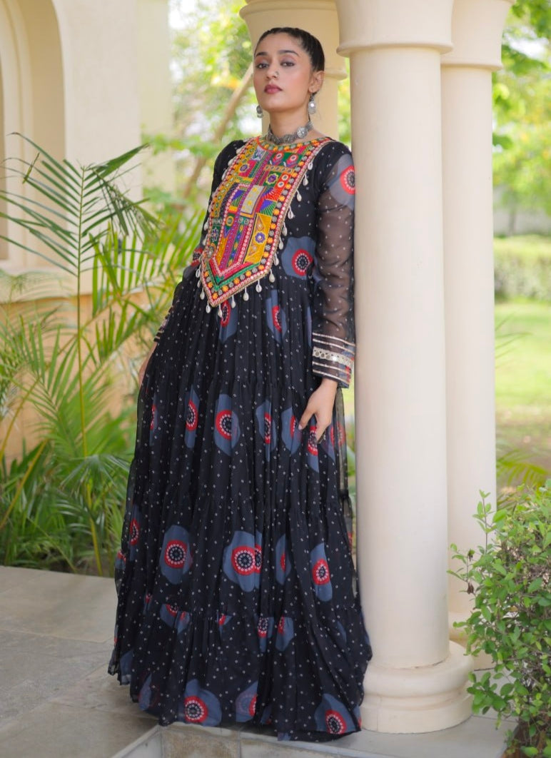 Black Pure Faux Georgette Bandhani Print Kutchi Patchwork Anarkali Long Gown