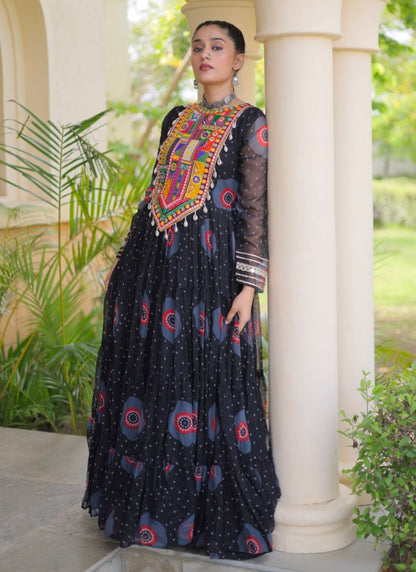 Black Pure Faux Georgette Bandhani Print Kutchi Patchwork Anarkali Long Gown