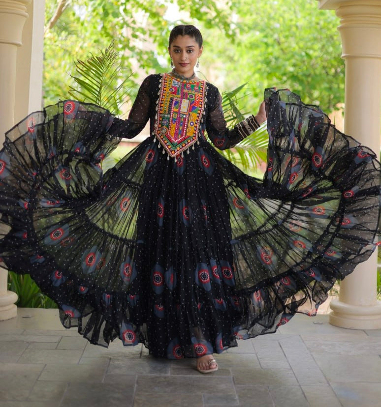 Black Pure Faux Georgette Bandhani Print Kutchi Patchwork Anarkali Long Gown