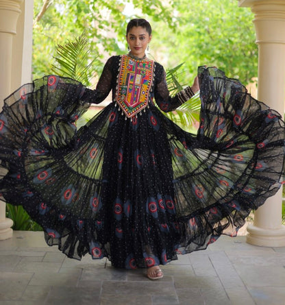 Black Pure Faux Georgette Bandhani Print Kutchi Patchwork Anarkali Long Gown