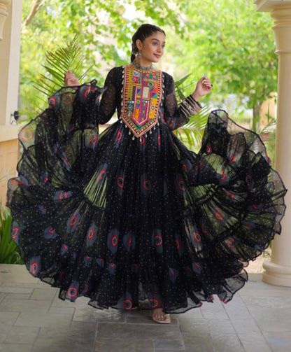 Black Pure Faux Georgette Bandhani Print Kutchi Patchwork Anarkali Long Gown