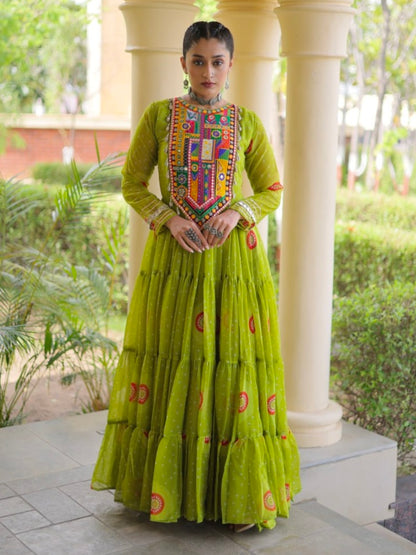 Parrot Pure Faux Georgette Bandhani Print Kutchi Patchwork Anarkali Long Gown