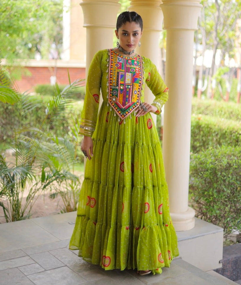 Parrot Pure Faux Georgette Bandhani Print Kutchi Patchwork Anarkali Long Gown